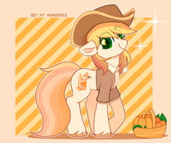 Size: 2352x1963 | Tagged: safe, artist:memengla, derpibooru import, oc, oc only, earth pony, pony, basket, clothes, eye clipping through hair, female, free art, fruit, fruit basket, hat, looking at you, mare, patterned background, smiling, smiling at you, solo, sparkles, stetson, unshorn fetlocks