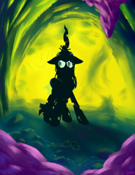 Size: 2550x3300 | Tagged: safe, artist:skoon, derpibooru import, queen chrysalis, changeling, changeling queen, cave, cavern, female, glowing, glowing eyes, sillhouette, stalactite, stalagmite, volumetric light, water