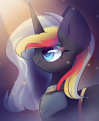 Size: 1800x2200 | Tagged: safe, artist:miryelis, derpibooru import, oc, oc only, oc:velvet remedy, pony, unicorn, fallout equestria, big eyes, clothes, female, long hair, signature, simple background, smiling, solo