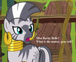 Size: 792x648 | Tagged: safe, derpibooru import, edit, edited screencap, screencap, zecora, it isn't the mane thing about you, cropped, ear piercing, earring, implied rarity, jewelry, neck rings, piercing, speech, talking, zecora's hut