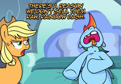 Size: 513x357 | Tagged: safe, artist:ladyanidraws, derpibooru import, edit, applejack, rainbow dash, earth pony, pegasus, pony, applejack is not amused, applejack's hat, bed, bedroom, blanket, clothes, cowboy hat, cropped, cross-popping veins, dialogue, drool, female, freckles, frown, hat, lying down, mare, multicolored hair, on back, on bed, open mouth, pillow, rainbow hair, text, tongue, tongue out, tooth gap, unamused, wings