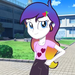 Size: 1280x1280 | Tagged: safe, artist:mazakbar567, derpibooru import, oc, oc:rainbow shine, equestria girls, colored, hair, looking at you, school, smiling