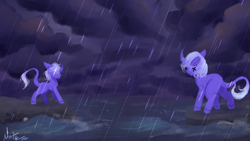 Size: 1920x1080 | Tagged: safe, artist:nootaz, derpibooru import, oc, oc only, oc:can opener, pony, cloud, curved horn, duo, horn, leonine tail, rain, stormy, tail