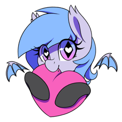 Size: 600x600 | Tagged: safe, artist:thebatfang, derpibooru import, oc, oc only, oc:lucky roll, bat pony, pony, bat pony oc, female, heart, heart eyes, heart pillow, looking at you, mare, pillow hug, simple background, solo, transparent background, white outline, wingding eyes