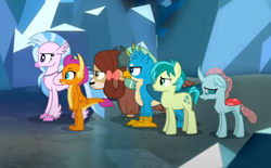 Size: 626x387 | Tagged: safe, derpibooru import, screencap, gallus, ocellus, sandbar, silverstream, smolder, yona, changedling, changeling, classical hippogriff, dragon, earth pony, griffon, hippogriff, pony, yak, what lies beneath, bow, cloven hooves, colored hooves, cropped, dragoness, female, hair bow, jewelry, male, monkey swings, necklace, student six, teenager