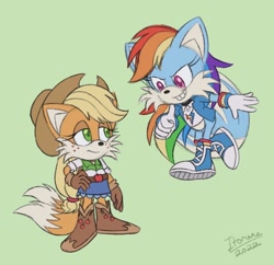 Size: 1102x1068 | Tagged: safe, artist:itoruna-the-platypus, derpibooru import, applejack, rainbow dash, anthro, fox, equestria girls, ashleigh ball, clothes, crossover, duo, equestria girls outfit, female, multiple tails, sonic prime, sonic the hedgehog, sonic the hedgehog (series), sonicified, species swap, spoilers for another series, tail, two tails, yuji uekawa style