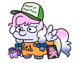 Size: 768x650 | Tagged: safe, artist:jargon scott, derpibooru import, princess cadance, twilight sparkle, oc, oc:heavy weather, pegasus, #1, baseball cap, cap, clothes, hat, merchandise, pins, plushie, shirt, simple background, squatpony, t-shirt, twiggie, white background