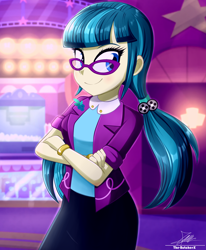 Size: 1784x2163 | Tagged: safe, artist:the-butch-x, derpibooru import, juniper montage, equestria girls, glasses, looking at you, open mouth, open smile, smiling, smiling at you