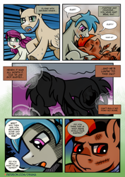 Size: 2481x3508 | Tagged: safe, artist:dsana, derpibooru import, oc, oc:black hoof, oc:fireweed, oc:rust wing, oc:thistle, oc:winter rye, earth pony, pegasus, pony, comic:a storm's lullaby, crying, eyes closed, female, male, mare, open mouth, running, speech bubble, stallion