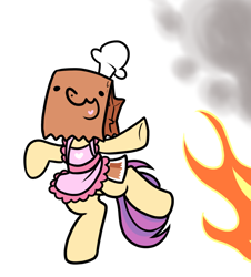 Size: 908x1004 | Tagged: safe, artist:paperbagpony, derpibooru import, oc, oc:paper bag, pony, apron, chef's hat, clothes, fake cutie mark, female, fire, hat, mare, smoke, standing, standing on one leg