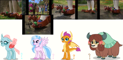 Size: 1368x673 | Tagged: safe, derpibooru import, screencap, ocellus, silverstream, smolder, yona, changeling, dragon, hippogriff, yak, ants, barney the dinosaur, bow, clothes, cloven hooves, colored hooves, dragoness, female, hair bow, jewelry, monkey swings, necklace, photo, rating, slippers