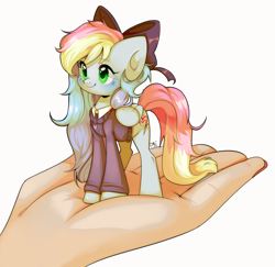 Size: 2832x2758 | Tagged: safe, artist:pledus, derpibooru import, oc, oc only, oc:blazey sketch, human, pegasus, pony, bow, clothes, female, green eyes, grey fur, hair bow, hand, in goliath's palm, long hair, long tail, mare, micro, multicolored hair, offscreen character, offscreen human, pastel, simple background, size difference, small wings, smiling, smol, solo, sweater, tail, tiny, tiny ponies, white background, wings