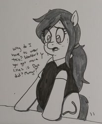 Size: 1356x1644 | Tagged: safe, artist:pony quarantine, derpibooru import, oc, oc only, oc:anon-mare, earth pony, pony, clothes, dialogue, fat, female, grayscale, mare, monochrome, shirt, solo, sweat, traditional art