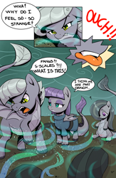 Size: 2008x3071 | Tagged: safe, artist:ahobobo, derpibooru import, limestone pie, marble pie, maud pie, dragon, hybrid, pony, belly, belly button, comic, rock, tattoo, transformation, trio, womb tattoo