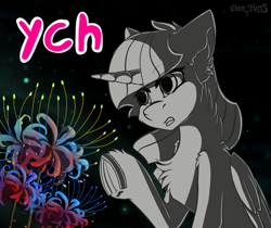 Size: 1889x1583 | Tagged: safe, artist:yuris, derpibooru import, blossom, oc, pony, advertisement, auction, auction open, black background, commission, commission open, licorice, open mouth, simple background, solo, ych sketch