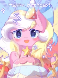 Size: 2288x3081 | Tagged: safe, artist:sweeter_sakura, derpibooru import, oc, oc only, oc:bay breeze, pegasus, pony, blushing, bow, cake, cute, female, food, hair bow, hat, mare, open mouth, party hat, pegasus oc, present, simple background, solo, text