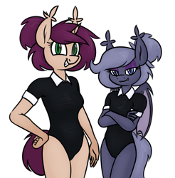 Size: 1676x1704 | Tagged: safe, artist:moonatik, derpibooru import, oc, oc only, oc:selenite, oc:timetable, anthro, bat pony, hybrid, unicorn, anthro oc, bat pony oc, bat pony unicorn, bodysuit, clothes, crossed arms, eyeshadow, female, hair bun, hand on hip, horn, looking at you, makeup, mare, simple background, smiling, tail, tail bun, thighs, white background, wings