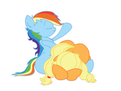 Size: 1348x1017 | Tagged: artist needed, safe, derpibooru import, applejack, rainbow dash, earth pony, pegasus, pony, /mlp/, 4chan, applebutt, butt, covering eyes, duo, eyes closed, over the knee, simple background, sitting, spanking, white background