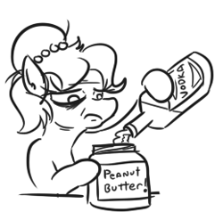 Size: 259x256 | Tagged: safe, artist:jargon scott, derpibooru import, oc, oc:brownie bun, pony, alcohol, cropped, drinking, exhausted, food, messy mane, peanut butter, peanut butter jar, solo, sorrow knows how to swim, tired, vodka