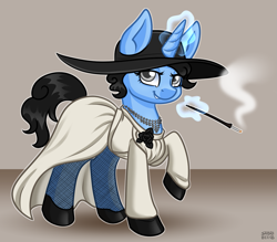 Size: 1167x1024 | Tagged: safe, artist:sabrib, derpibooru import, oc, oc only, oc:tinker doo, pony, unicorn, cigarette, cigarette holder, clothes, cosplay, costume, crossdressing, hat, high heels, horn, jewelry, lady dimitrescu, magic, necklace, shoes, smiling, stockings, telekinesis, thigh highs, unicorn oc