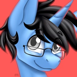 Size: 1024x1024 | Tagged: safe, artist:sabrib, derpibooru import, oc, oc only, oc:tinker doo, unicorn, bust, glasses, male, portrait, present, smiling, solo, stallion