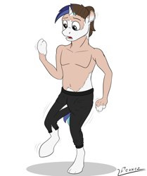 Size: 1024x1224 | Tagged: safe, artist:furnaise, derpibooru import, shining armor, clothes, eye color change, hooves, human to pony, male, mid-transformation, open mouth, pants, simple background, solo, species swap, stallion, transformation, white background