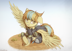 Size: 1520x1080 | Tagged: safe, artist:adagiostring, derpibooru import, oc, oc only, pegasus, pony, fallout equestria, armor, clothes, cute, ears, female, floppy ears, fluffy, gun, mare, sitting, smiling, solo, spread wings, weapon, wings