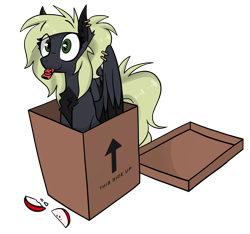 Size: 2769x2590 | Tagged: safe, artist:fenixdust, derpibooru import, oc, oc only, oc:veen sundown, pegasus, pony, apple, blonde, box, ear piercing, female, food, kazoo, mare, musical instrument, pegasus oc, piercing, pony in a box, simple background, sitting, solo, sundown clan, transparent background, wing piercing, wings