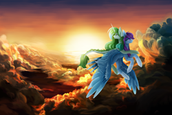 Size: 2700x1800 | Tagged: safe, artist:anastas, derpibooru import, oc, hybrid, original species, pegasus, pony, unicorn, bird tail, blue fur, cloud, cloudscape, coat markings, commission, detailed background, duo, duo female, excited, excitement, feather, feathered wings, female, flying, green eyes, green fur, green hair, green mane, purple eyes, purple hair, purple mane, sky, smiling, spread wings, sun, sun ray, sunset, tail, wings