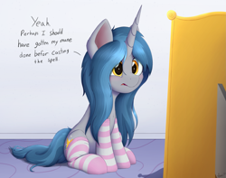 Size: 2213x1744 | Tagged: safe, artist:arcane-thunder, derpibooru import, oc, oc only, oc:arcane thunder, pony, unicorn, clothes, female, implied transformation, mare, messy mane, rule 63, socks, solo, striped socks, text