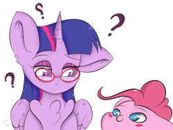 Size: 2048x1536 | Tagged: safe, artist:eventseem, derpibooru import, pinkie pie, twilight sparkle, twilight sparkle (alicorn), alicorn, earth pony, blushing, chibi, duo, duo female, ears, female, floppy ears, glasses, horn, lesbian, mare, one ear down, question mark, shipping, simple background, twinkie, white background, wings