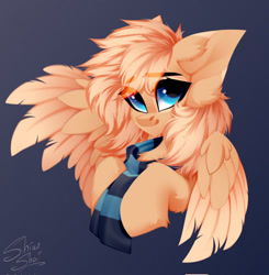 Size: 883x900 | Tagged: dead source, safe, artist:shinoshai, derpibooru import, oc, oc only, pegasus, pony, clothes, ear fluff, ears, female, mare, scarf, simple background, solo, striped scarf