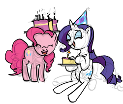 Size: 1277x1078 | Tagged: safe, artist:ponyrake, derpibooru import, pinkie pie, rarity, earth pony, pony, unicorn, cake, candle, duo, female, food, hat, head carry, party hat, simple background, white background