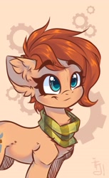 Size: 2200x3600 | Tagged: safe, artist:falafeljake, derpibooru import, oc, oc only, oc:rusty gears, earth pony, pony, clothes, cute, ear fluff, ears, gears, scarf, simple background, smiling, solo, striped scarf