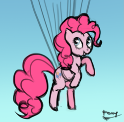 Size: 719x708 | Tagged: safe, artist:ponyrake, derpibooru import, pinkie pie, earth pony, pony, balloon, floating, flying, solo, then watch her balloons lift her up to the sky