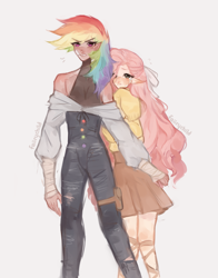 Size: 2757x3521 | Tagged: safe, artist:faiirychild, derpibooru import, fluttershy, rainbow dash, human, 2021, clothes, duo, elf ears, female, flutterdash, humanized, lesbian, old art, shipping