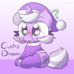 Size: 2000x2000 | Tagged: safe, artist:cushyhoof, oc, oc only, oc:cushy dreams, pony, unicorn, blushing, clothes, cute, female, glasses, gradient background, hat, high res, horn, mare, nightcap, pajamas, question mark, sitting, socks, solo, text, tongue, tongue out, unicorn oc