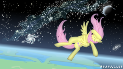 Size: 1920x1080 | Tagged: safe, artist:heart0fthestorm, derpibooru import, fluttershy, pegasus, pony, atmosphere, eyes closed, faint, falling, female, galaxy, mare, solo, space, spread wings, stars, wallpaper, wings