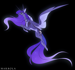 Size: 3138x2928 | Tagged: safe, artist:marbola, derpibooru import, princess luna, alicorn, pony, black background, ethereal mane, female, high res, mare, simple background, solo, starry mane, starry tail, tail