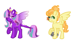 Size: 1280x730 | Tagged: safe, artist:eclipse-n-adopts, derpibooru import, oc, alicorn, butterfly, pegasus, pony, rabbit, alicorn oc, animal, base used, butterfly on nose, crown, duo, female, freckles, horn, insect on nose, jewelry, looking at you, magical lesbian spawn, male, mare, offspring, parent:big macintosh, parent:fluttershy, parent:princess celestia, parent:twilight sparkle, parents:fluttermac, parents:twilestia, pegasus oc, raised hoof, raised leg, regalia, simple background, smiling, smiling at you, stallion, white background, wings