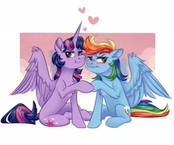 Size: 3000x2500 | Tagged: safe, artist:silverfir111, derpibooru import, rainbow dash, twilight sparkle, twilight sparkle (alicorn), alicorn, blushing, female, heart, lesbian, scrunchy face, shipping, simple background, twidash, white background