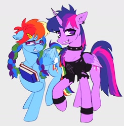 Size: 1834x1871 | Tagged: safe, artist:draw3, derpibooru import, rainbow dash, twilight sparkle, twilight sparkle (alicorn), alicorn, pegasus, pony, alternate hairstyle, book, braces, braid, braided pigtails, choker, clothes, collar, duo, ear piercing, earring, ears, female, floppy ears, glasses, hairclip, horn, horn ring, jewelry, lesbian, piercing, punk, punklight sparkle, rainbow dork, ring, role reversal, shipping, shirt, simple background, spiked choker, spiked collar, t-shirt, twidash