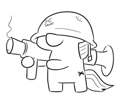 Size: 639x512 | Tagged: safe, artist:jargon scott, derpibooru import, twilight sparkle, unicorn twilight, pony, unicorn, bipedal, covered eyes, female, filly, filly twilight sparkle, foal, helmet, lineart, rocket launcher, simple background, smiling, soldier, solo, squatpony, team fortress 2, twiggie, white background, younger