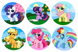 Size: 4096x2768 | Tagged: safe, artist:kittyrosie, derpibooru import, part of a set, applejack, fluttershy, pinkie pie, rainbow dash, rarity, twilight sparkle, twilight sparkle (alicorn), alicorn, butterfly, earth pony, pegasus, pony, unicorn, backwards cutie mark, blushing, book, candy, cherry blossoms, chibi, cloud, cookie, cute, dashabetes, diapinkes, female, flower, flower blossom, food, jackabetes, lollipop, looking at you, lying down, mane six, mare, one eye closed, open mouth, open smile, prone, rainbow, raised hoof, raised leg, raribetes, reading, redraw, shyabetes, simple background, sky, smiling, solo, starry eyes, sun, tail, that pony sure does love books, tree, twiabetes, waving, white background, wingding eyes, wings, wink
