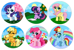 Size: 6048x4087 | Tagged: safe, artist:kittyrosie, derpibooru import, part of a set, applejack, fluttershy, pinkie pie, rainbow dash, rarity, twilight sparkle, twilight sparkle (alicorn), alicorn, butterfly, earth pony, pegasus, pony, unicorn, backwards cutie mark, blushing, book, candy, cherry blossoms, chibi, cloud, cookie, cute, dashabetes, diapinkes, female, flower, flower blossom, food, jackabetes, lollipop, looking at you, lying down, mane six, mare, one eye closed, open mouth, open smile, prone, rainbow, raised hoof, raised leg, raribetes, reading, redraw, shyabetes, simple background, sky, smiling, solo, starry eyes, sun, tail, that pony sure does love books, transparent background, tree, twiabetes, waving, wingding eyes, wings, wink