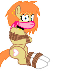 Size: 581x733 | Tagged: safe, artist:bluesplendont, derpibooru import, oc, oc only, oc:katie, earth pony, pony, bondage, cloth gag, gag, rope, rope bondage, ropes, simple background, solo, tied up, white background