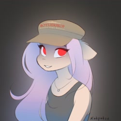 Size: 2048x2048 | Tagged: safe, artist:katputze, derpibooru import, oc, oc only, oc:crimson sunset, anthro, unicorn, bust, cap, female, grin, hat, jewelry, looking at you, mare, necklace, red eyes, signature, smiling, smiling at you, solo
