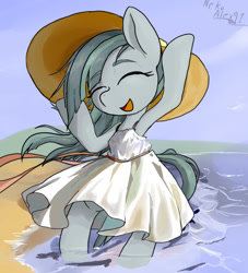 Size: 726x800 | Tagged: safe, artist:a.s.e, derpibooru import, marble pie, earth pony, semi-anthro, beach, clothes, cute, dress, eyes closed, featured image, female, happy, hat, marblebetes, mare, ocean, open mouth, open smile, smiling, solo, sun hat, water