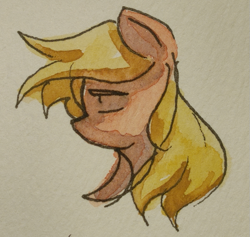 Size: 673x637 | Tagged: safe, artist:applepost67, derpibooru import, applejack, earth pony, pony, bust, eyes closed, female, hatless, mare, missing accessory, solo, traditional art