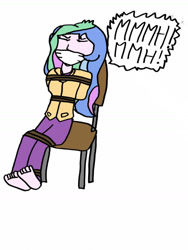 Size: 774x1032 | Tagged: safe, artist:tiedandgaggedgirls, derpibooru import, princess celestia, equestria girls, bondage, cloth gag, gag, help me, muffled words, simple background, solo, struggling, tied to chair, tied up, white background